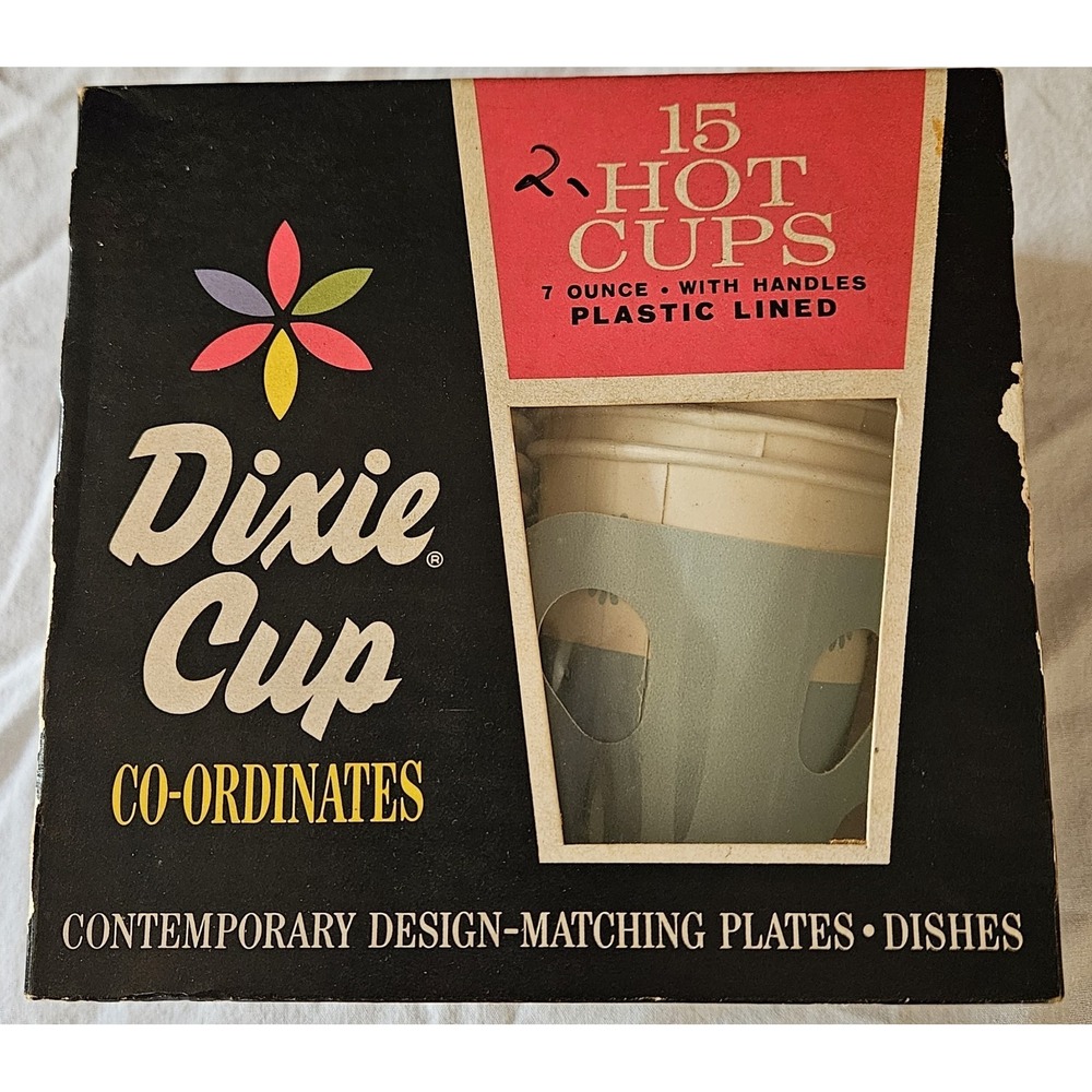 Vintage Dixie Cup Co-ordinates 15 Hot Cups 7oz With Handles Mid Century Unused